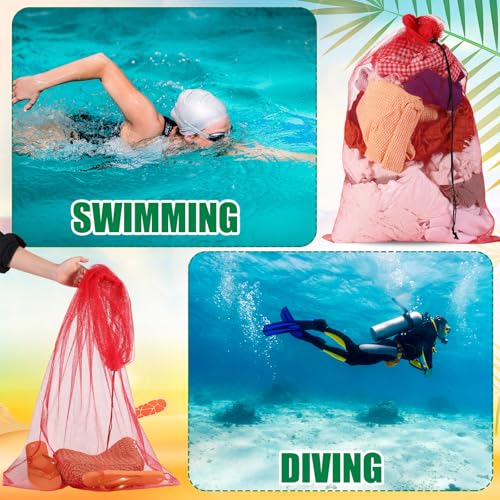 6 Pcs large Mesh Bag 24 x 48 inch Ball Mesh Drawstring Storage Sports Equipment Bag for Balls Beach - color: Red