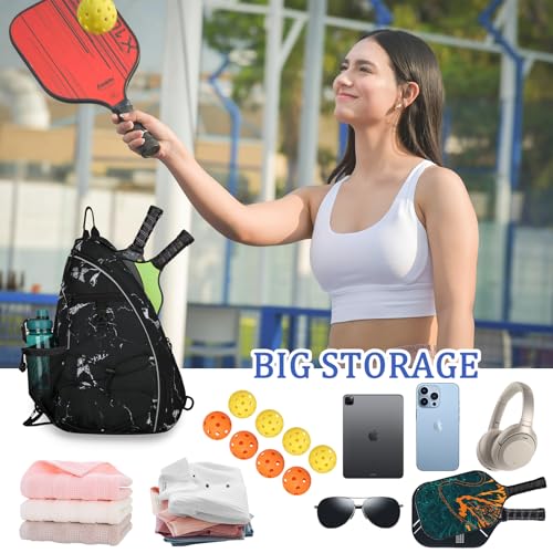 Goloni Pickleball Sling Bag for Men Women, Lightweight Pickleball Backpack with Fence Hook - color: Black White