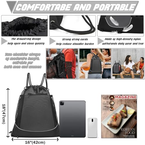 STAY GENT Drawstring Basketball Backpack for Boys, Foldable Soccer Backpack Gym Bag Sackpack Sports Sack with Detachable Ball Mesh Bag for Volleyball Baseball Yoga - color: Grey