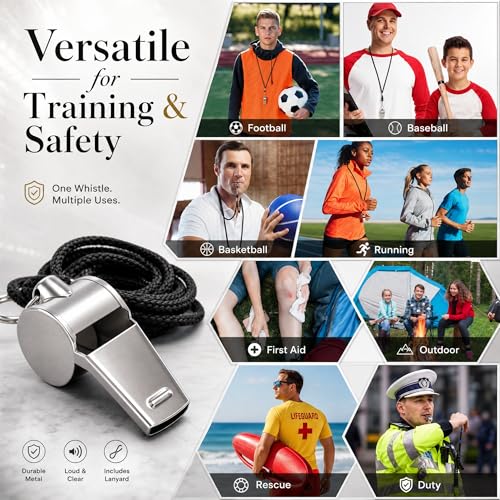 Kingdder Stainless Steel Sport Whistles Bulk with Lanyard & Clip, Individually Wrapped Pre-Assembled, Loud Metal Coach Referee Whistle for Teachers, Soccer, Police, Emergency - color: Black