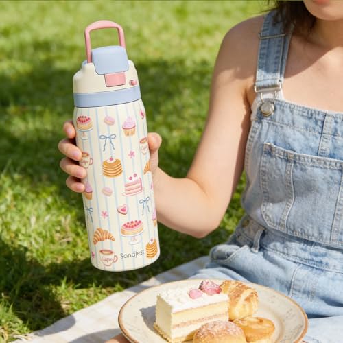 Desserts Stainless Steel Water Bottle, Vacuum Insulated, Push-Button Lid, 32 oz, Gifts for Women Girls Friends Teens Birthday Christmas - color: Dessert