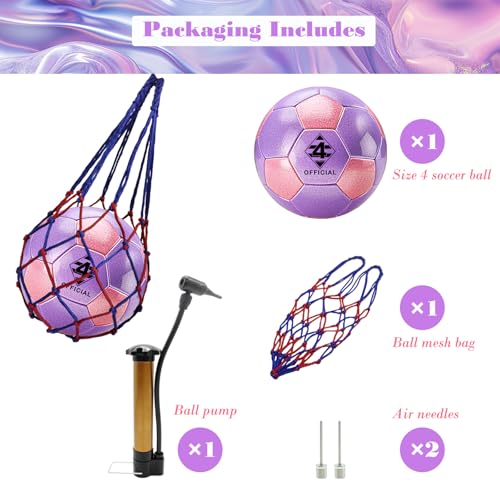 Glitter Pink Purple Soccer Ball Size 3 4 5 with Pump & Needle/Mesh Bag, Sofu PU Soccer Ball Kit for Indoor Outdoor Practicing Training Playing Gift Teens Youth Adults (Pink&Purple) (Size 4)