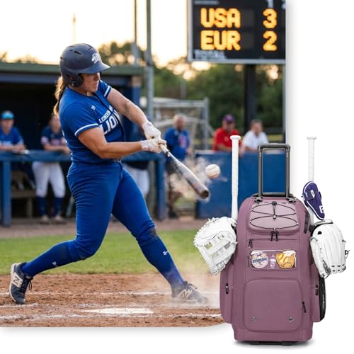 KAVIGOR 80L Rolling Baseball & Softball Bag for Youth & Adult, Holds 3 Gloves & 4 Bats, Custom Team Panel, Travel Ball Ready - color: Berry Pink