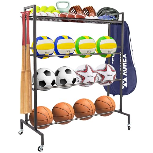 Garage Balls Storage Rack with Baseball Bat Hooks & Baskets, Basketball Holder Stand Rolling Ball Cart with Wheels, Garage Sports Equipment Organizer, Basketball Racks for Balls, Garages Organizer