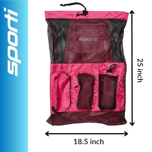 Sporti Swimming Equipment Bag Zipper Pocket, Mesh Drawstring Backpack, Drawstring Bags, Big Mesh Backpack for Workout Gear - color: Equipment - Pink, style: 4. Two Shoulders & Pockets