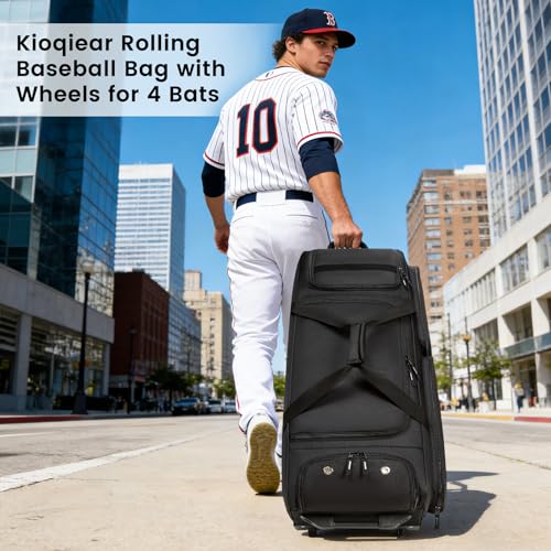 Catchers Gear Bag with Wheels for 4 Bats, Rolling Baseball Softball Bag With Multi-Pockets, Fence Hook, Holds All Baseball Equipment. - color: Black