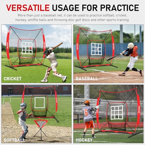 7x7 ft Baseball Net for Batting Pitching Hitting, Softball Pitching Net with Strike Zone, Tee, Ball Caddy, Softball Batting Net Baseball Training Equipment for Kids Adult Youth Sport Practice - color: Red