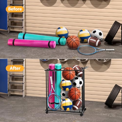 Columnar Vertical Ball Storage Racks with Wheels-New Durable Rolling Basketball Holder Wall Mount for Soccer, Volleyball, Space-Saving Garage Sports Ball Rack Organizer for Home,Gym & Outdoors
