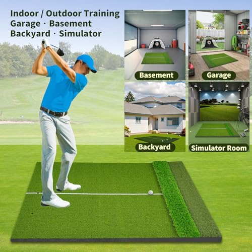 3-in-1 Golf Hitting Mat 5x4ft, Thick Golf Practice Mat with Alignment Line, Fairway/Rough/T-Turf Golf Training Mat, 14 Tees, Golf Mats Practice Indoor Outdoor for Hitting Driving Swing Chipping
