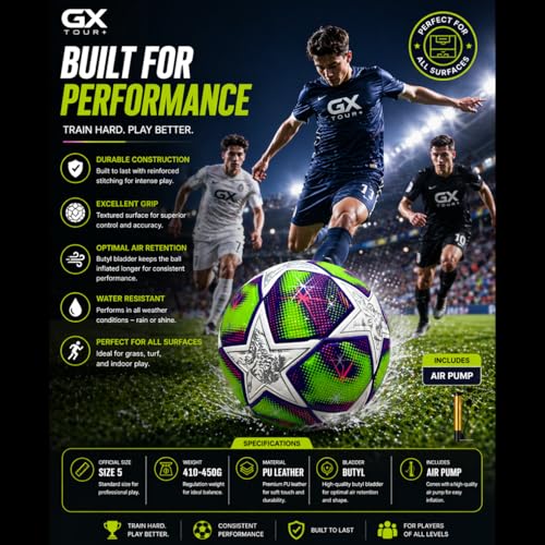 GX Professional Size 5 Soccer Ball. Textured, All-Terrain Training & Competition Ball with Air Pump & Needles. Perfect for Practice, League & Competitive Matches. Women Soccer League 2025