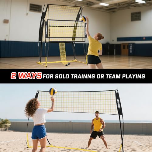 Volleyball Training Net System, Volleyball Training Equipment with Freely Height-Adjustable for Backyard, Volleyball Practice Net for Serving Setting Spiking, Includes Ball Kit and Carry Bag - color: Yellow