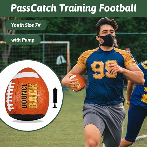 BOUNCEBACK Soft Leather Training Football, Youth Size & Official Size, Fatherless PU PassCatch Solo Enhancing Passing Catching(with Pump) - style: Orange-7#(Ages 5-14)