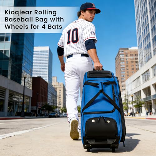Catchers Gear Bag with Wheels for 4 Bats, Rolling Baseball Softball Bag With Multi-Pockets, Fence Hook, Holds All Baseball Equipment. - color: Blue