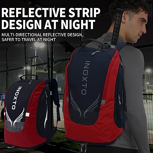 INOXTO 40L Tennis Backpack for Men & Women, Large Pickleball Bag With Independent Shoe Storage, Waterproof & Breathable, Holds 2 Tennis Rackets for Badminton, Travel & Camping - color: dark blue with red