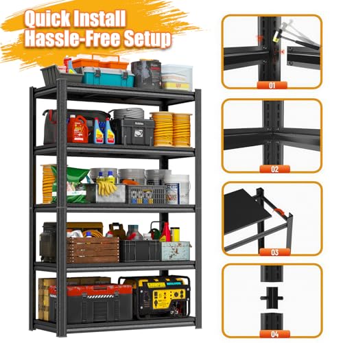 PRESTELION Garage Shelving 3500LBS Storage Shelves 5-Tier Adjustable Metal Shelving Units Garage Storage Shelves Heavy Duty for Industrial, Warehouse, Basement, Commercial, Black (73" H×48" W×24" D)