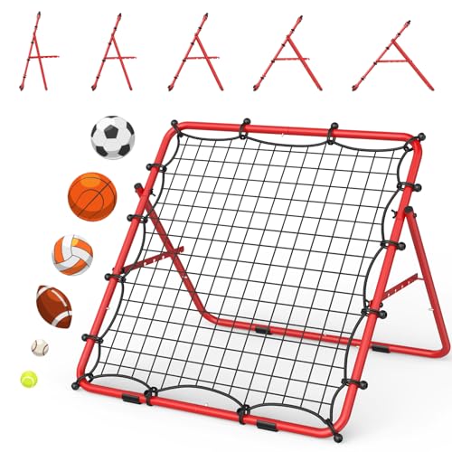 LIANTRAL Baseball Rebounder Net, Adjustable Bounce Back Trainer for Soccer, Volleyball, Softball, Portable Folding Rebounder for Passing & Shooting Practice, Volleyball Rebound Net for Kids, Red