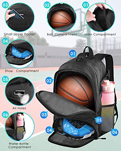 BROTOU Basketball Bag, Soccer Backpack Volleyball Football Backpack Sports Gym Bag with Shoe&Ball Compartment - color: Black-new