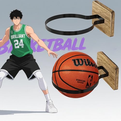Basketball Holder Wall Mount with Wooden Base, 2 Pcs Ball Storage Holder for Football Basketball Soccer Rugby Display Rack - Boys Sports Accessories Organizer