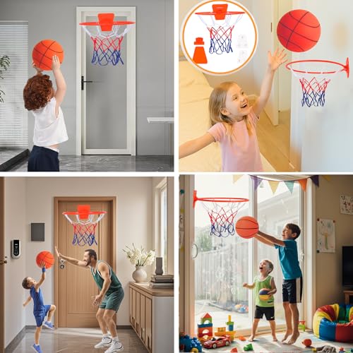 Indoor Silent Basketball Hoop, Compatible with Size 7 Basketball (No Ball Included), Foldable Adhesive Wall-Mount No-Drill Hoop for Bedroom, Office & Home, Space-Saving Design
