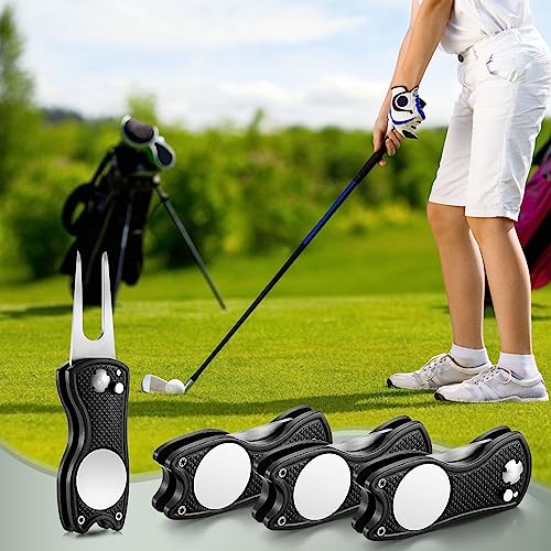 Skylety 4 Pcs Golf Divot Repair Tool Metal Foldable Golf Divot Tool with Magnetic Pop-up Button Ball Marker Stainless Steel Switchblade for Golfers Prizes - color: Black