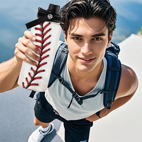 Baseball Water Bottle 32oz, Sport Travel Stainless Steel Tumbler With Lid, Double Wall Vacuum Insulated Coffee Cup Travel Mug, Fathers Day Birthday Baseball Gift For Boys Dad Husband - color: Baseball-2