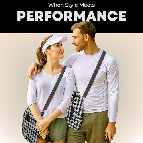 Pickleball Paddle Cover Crossbody bag with Adjustable Strap, Waterbottle holder, Ball Holder, Gifts for Women Men - color: Black & White