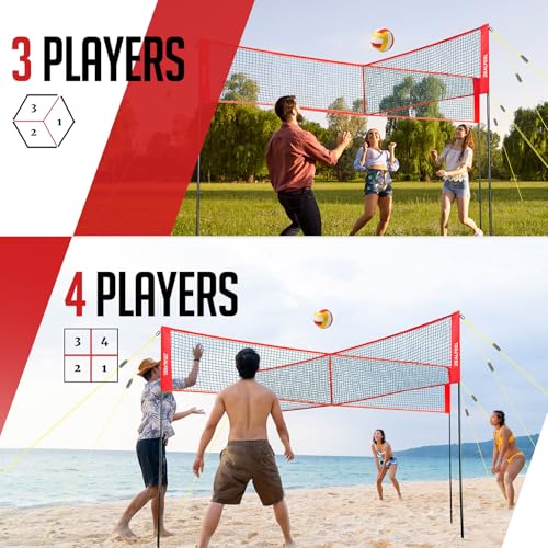 ZEALFEEL 4 Square Volleyball Game Set, 3 Heights Adjustable 4-Way Volleyball Net with Vollyball, Pump, Carry Bag, Hammer, 14 FT 4 Person Net for Backyard Beach Lawn, Great for Family Fun
