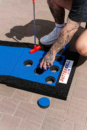 PutterBall Original Golf Putting Game Set – Backyard Putting Green Pong Style Golf Mat with 2 Putters, 2 Balls & Hole Covers - 9 ft - color: Blue