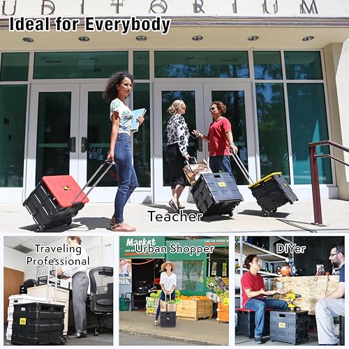 dbest products Quik Cart Collapsible Rolling Crate on Wheels for Teachers Tote Basket 80 lbs Capacity, Made from Heavy Duty Plastic Used as a Seat, Black