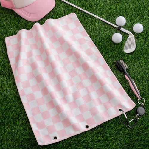 Liliful Woman Golf Accessories Kit Include 19.69 x 15.75 Inches Microfiber Waffle Golf Towel and Club Groove Cleaner Brush for Woman Gifts - color: Pink Checked