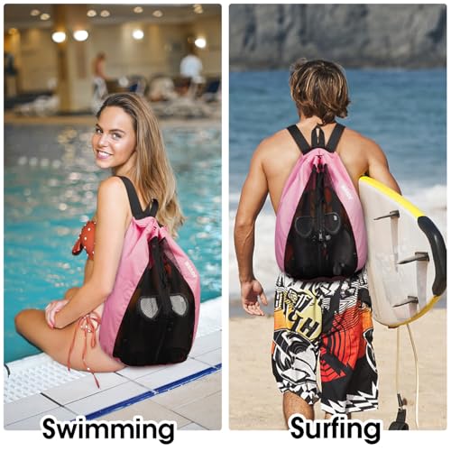 WANDF Swim Bag Mesh Drawstring Backpack Beach Backpack for Swimming, Gym, and Workout Gear - color: Pink With Wet Pocket