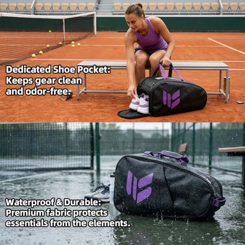 Smartway Tennis Bag for Men Women, 6 Rackets Large Racquet Bag with Shoe Compartment & Insulated Pocket, Waterproof Gym Backpack & Sports Duffel for Pickleball, Training and Daily Use - color: Black