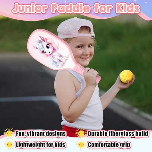 Lunmon Kids Paddle with 2 Cute Ball Small Grip Lightweight Fiberglass Rackets Paddle Set for Christmas Party Gifts Children 4-11 Years Old