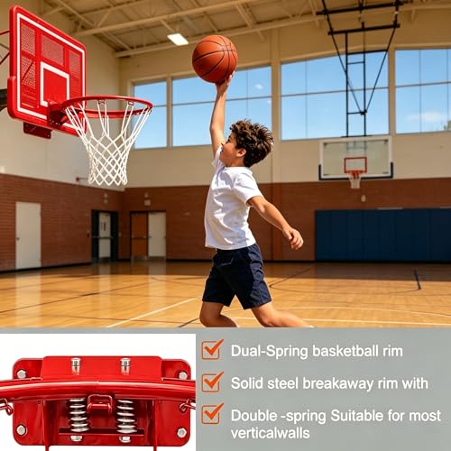 Rakon 18" Replacement Basketball Rim Wall Mount Hoop Hand-Crank Backboard Mounted for Indoor/Outdoor Classic Basketball Court, Teens, Adults, Schools, Parks - color: 18" Red Spring
