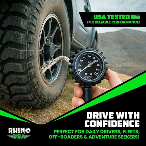 Rhino USA Tire Pressure Gauge with Inflator (0-100 PSI) - Heavy Duty Air Chuck and Compressor Accessories with Stainless Braided Hose, Large Analog Dial and Solid Brass Hardware for Truck and RV