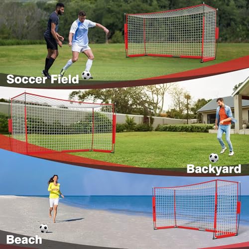 Portable Soccer Goal, Detachable 12x6 FT Soccer Goals Net for Backyard, Quick Setup Training Equipment with 1 Carry Bag, 12 Training Cones - color: Red