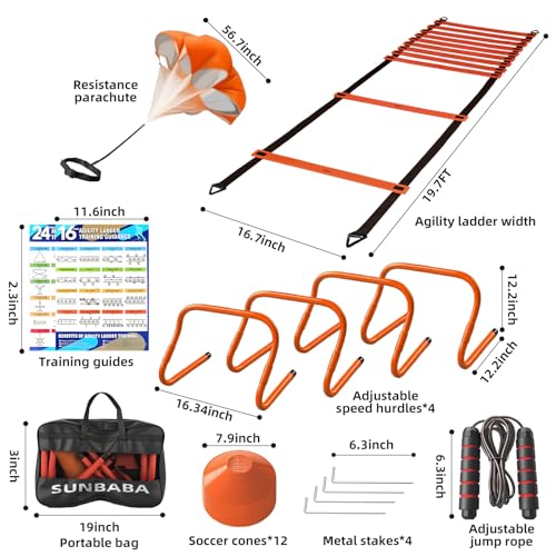 SUNBABA Agility Ladder Speed Training Equipment Set with 20ft Agility Ladder,4 Hurdles,12 Cones,Jump Rope,Running Parachute-Ideal Training Equipment for Kids Youth Adults in Soccer Football Basketball
