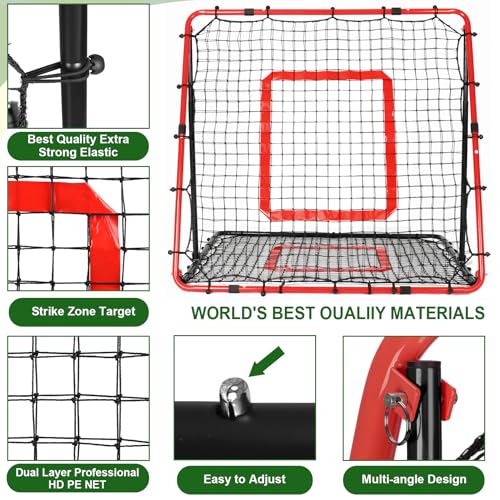 BaseGoal Baseball and Softball Rebounder Net,Baseball Rebounder,Volleyball Rebounder,Pitch Back Net,Multi-Sport Training Rebound Screen,with Pitching Target,Easy Adjustable Angles - style: 47x47 in Red