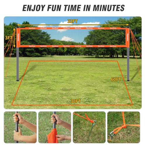 Badminton & Volleyball Combo Set 32 ft with Net, Anti-Sagging Design, 4 Badminton Rackets, 3 Birdies and PU Volleyball for Backyard Lawn Beach - color: Bright Orange
