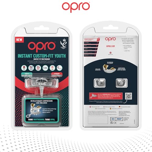OPRO Instant Custom-Fit Mouthguard – Dentist Level Gum Shield Adult and Kids – OPRO Mouth Guard Boxing and MMA, Self-Fit Gum Shield Rugby – Maximum Protection with Dental Warranty (Clear/White) - color: Clear/White, size: Youth (Under 10)