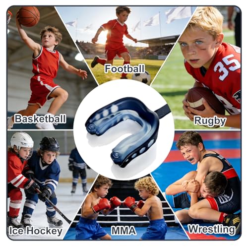Shiseedl 2-Pack Football Mouth Guard Kids - Professional Kids Sports Mouthpiece with Strap & Case - 3-Layer Breathable Protection for Football, Basketball, MMA, Boxing - size: Kids