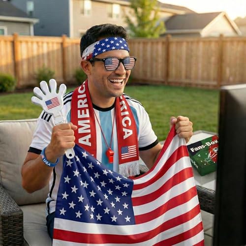 Soccer Fan Gear Set 2026-7 Piece Game Day Kit with Flag, Scarf, Glasses, Whistle, Clapper, Wristband & Headband in Gift Box - Watch Party & Stadium Essentials for USA - color: USA