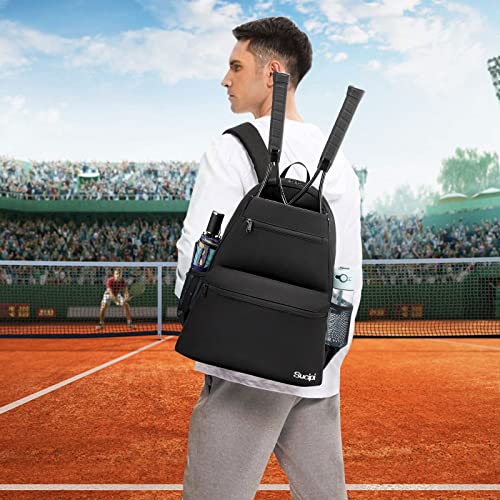 Tennis Bag Professional Tennis Backpack for Men and Women Racket Bags Holds 2 Rackets with Ventilated Shoe Compartment - color: Black with Shoes Compartment