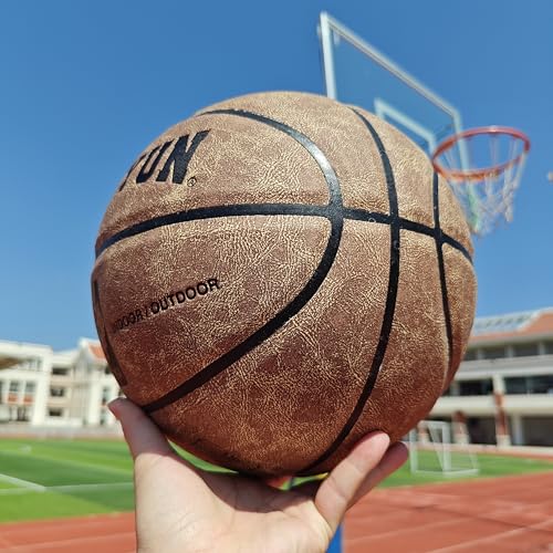 Professional Top-Grain Cowhide Basketball, Indoor Game Leather Ball for Competition & Training - color: Brown
