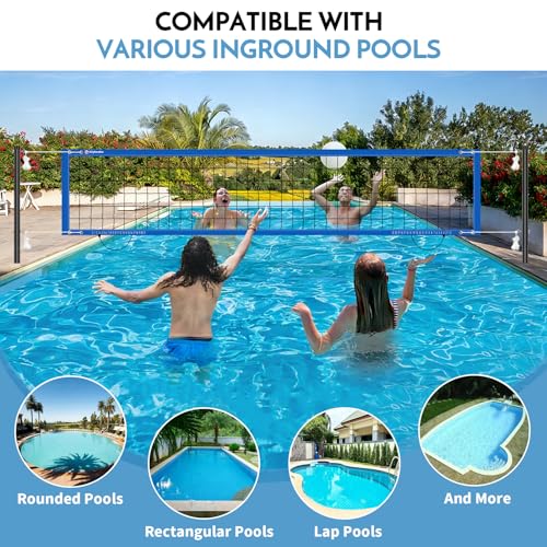 Inground Pool Volleyball Net Set with Max 26 FT Adjustable Length, 3 Heights Adjustable Outdoor Volleyball Set for Pool with 2 Volleyballs and Carry Bag - color: Blue