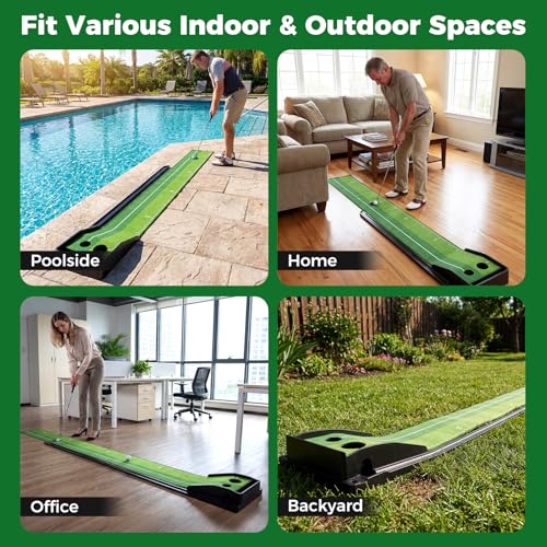 Tangkula Putting Green Indoor Golf Putting Mat with Auto Ball Return, 3 Putting Practice Balls, Alignment Markings, Non-Slip Base, Golf Training Aid for Home, Office & Outdoors