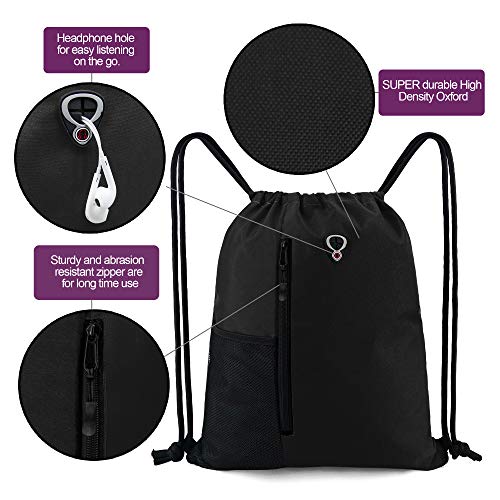 BeeGreen Black Drawstring Backpack Gym Bag For Men Women String Sports Backpack With Water Bottle Mesh Pockets And 2 Zippered Pocket Large Cinch Sackpack Workout Bag 16" x 20" - color: Black, style: Drawstring With Mesh Pocket