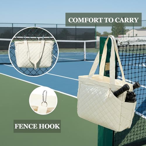 Pickleball Bag Fits 2 to 6 Paddles, Quilted Pickle ball Tote Bags for Women and Men with Shoe Compartment and Fence Hook, Great Pickleball Gifts - color: Beige