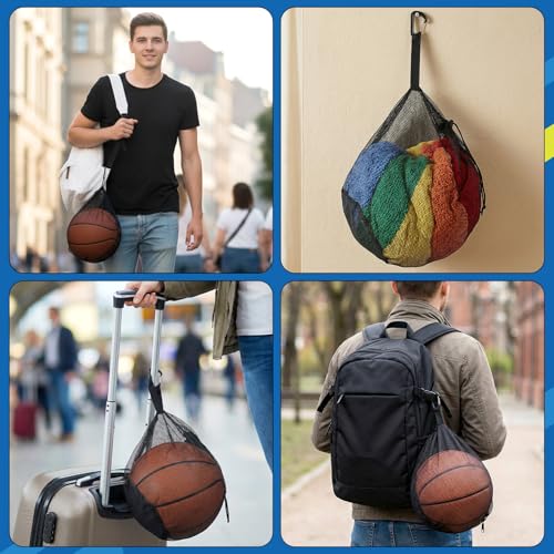 Single Ball Bags Mesh with Double Hook, Ball Storage Bag, Mesh Storage Bags with Zipper Pocket, Drawstring Sling Backpack for Soccer Basketball Football Volleyball
