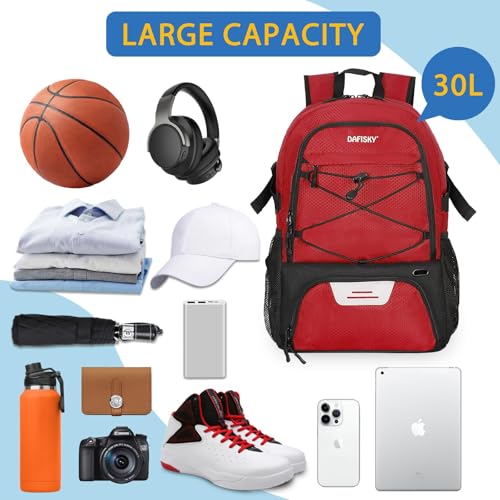 DAFISKY Basketball Backpack, Basketball Bag with Ball Holder Shoes Compartment, Sports Equipment Bag for Soccer Ball, Volleyball - color: Red